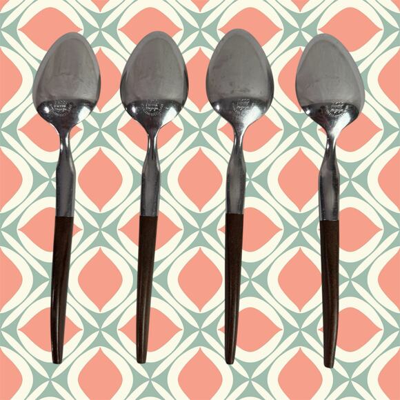 Ekco Eterna La Joya VTG Set 4 Soup Spoons Stainless Steel Faux Wood Flatware - Picture 2 of 10